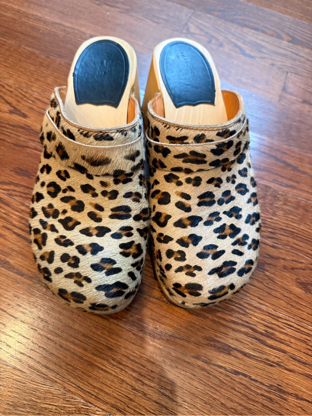 Sweedish hasbeens Dagby Leopard Print Pony Hair Clogs- worn ONCE